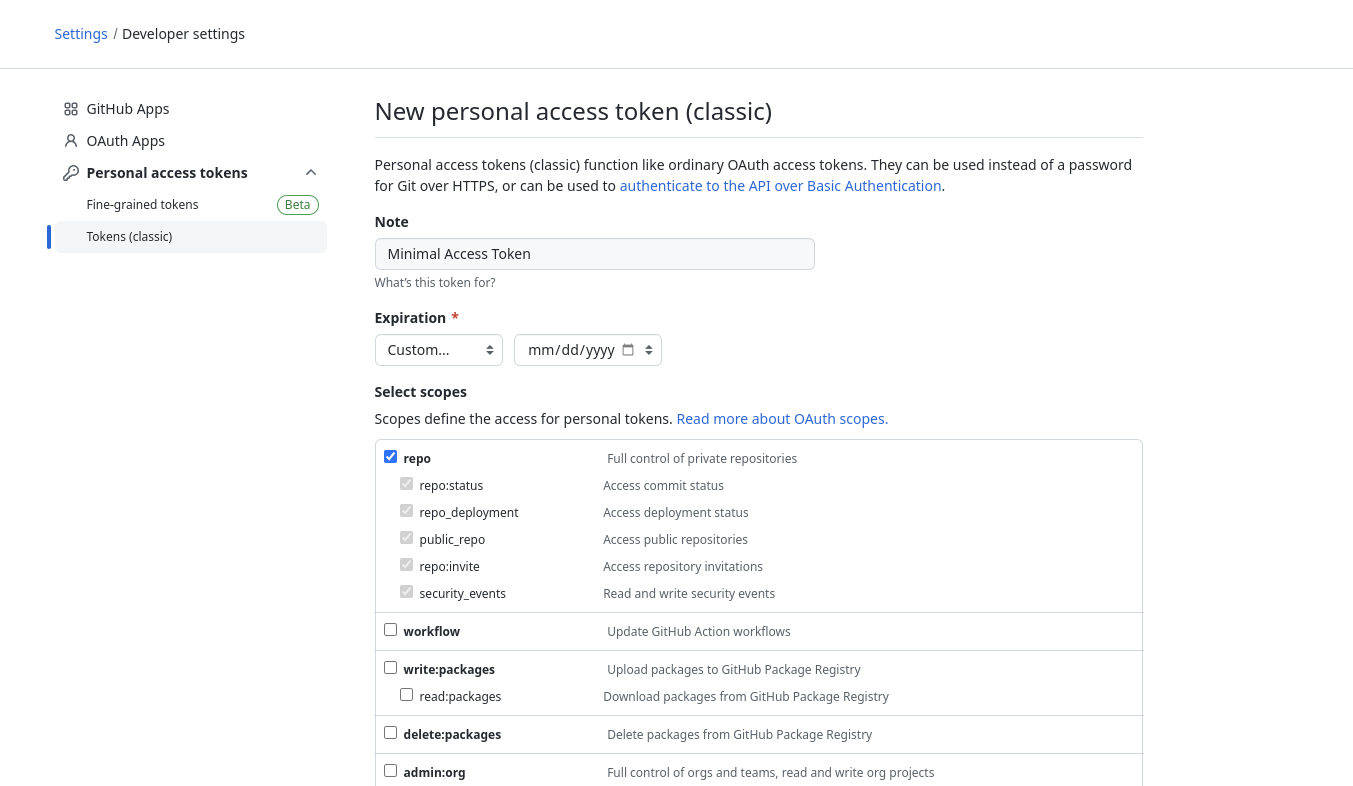 Minimum Github Personal Access Token Permissions